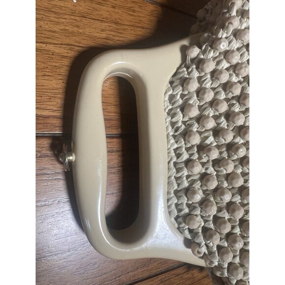 Gaymode Italy Purse Raffia Beaded Cream Beige Celluloid Handle 8” x 8” Clean - Picture 6 of 16